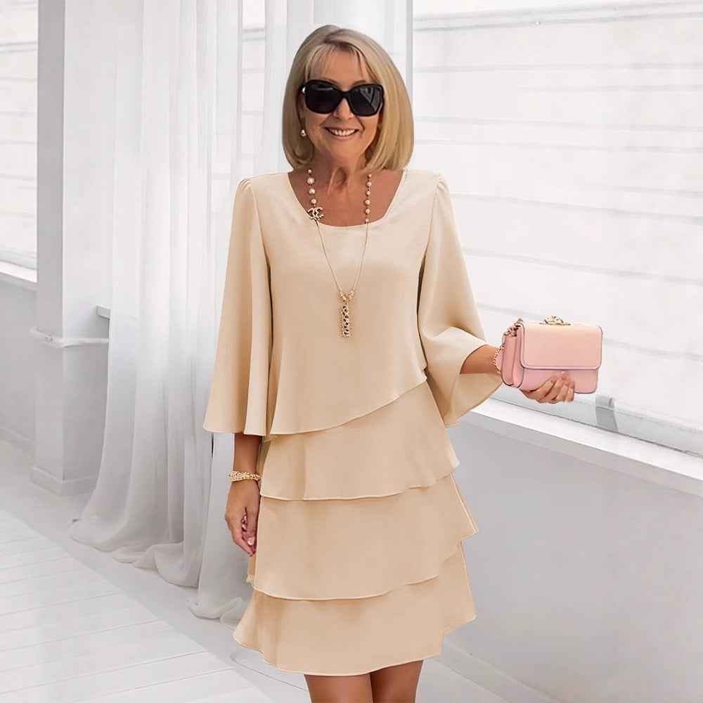 Jurken : Elegante Midi-jurk voor Dames - Sierlijke Ruches en A-lijn in Beige van Pantinoshop