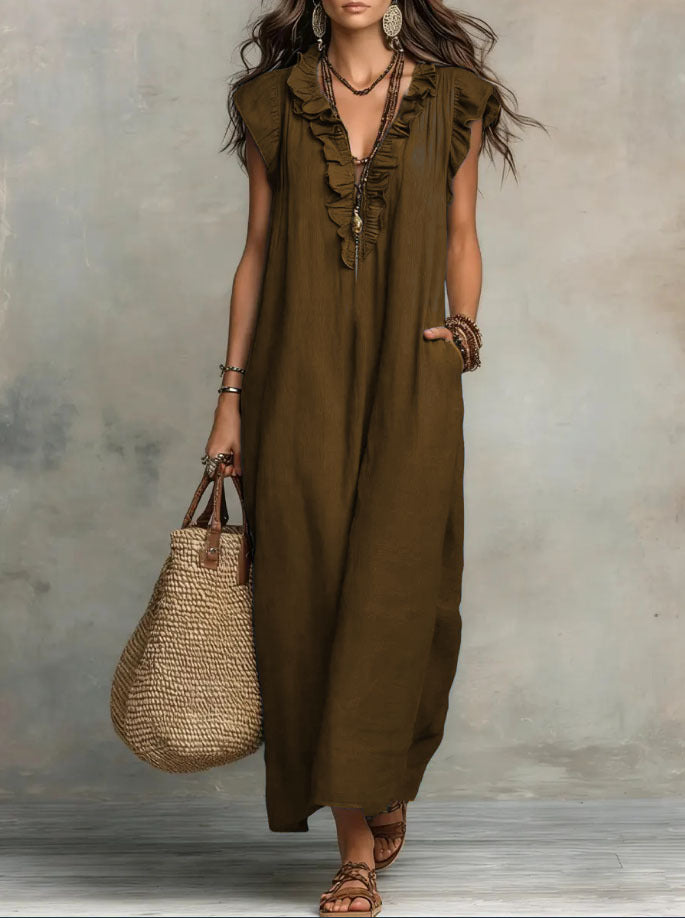 Dames Jurken : Boho Damesjurk - Vloeiend, Comfortabel en Luchtig Linnenmix in Donkerbruin van Pantinoshop