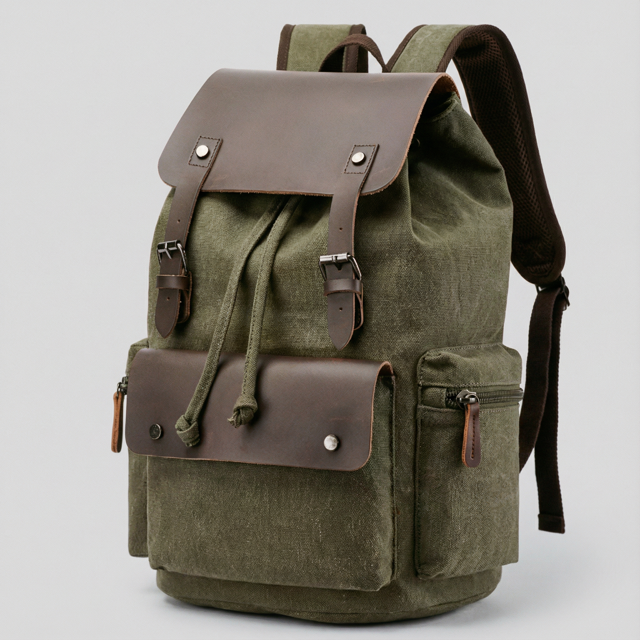 bags : Rugzak Grijs - RetroRider Laptoprugzak van Canvas en Leer in Olijfgroen van Pantino