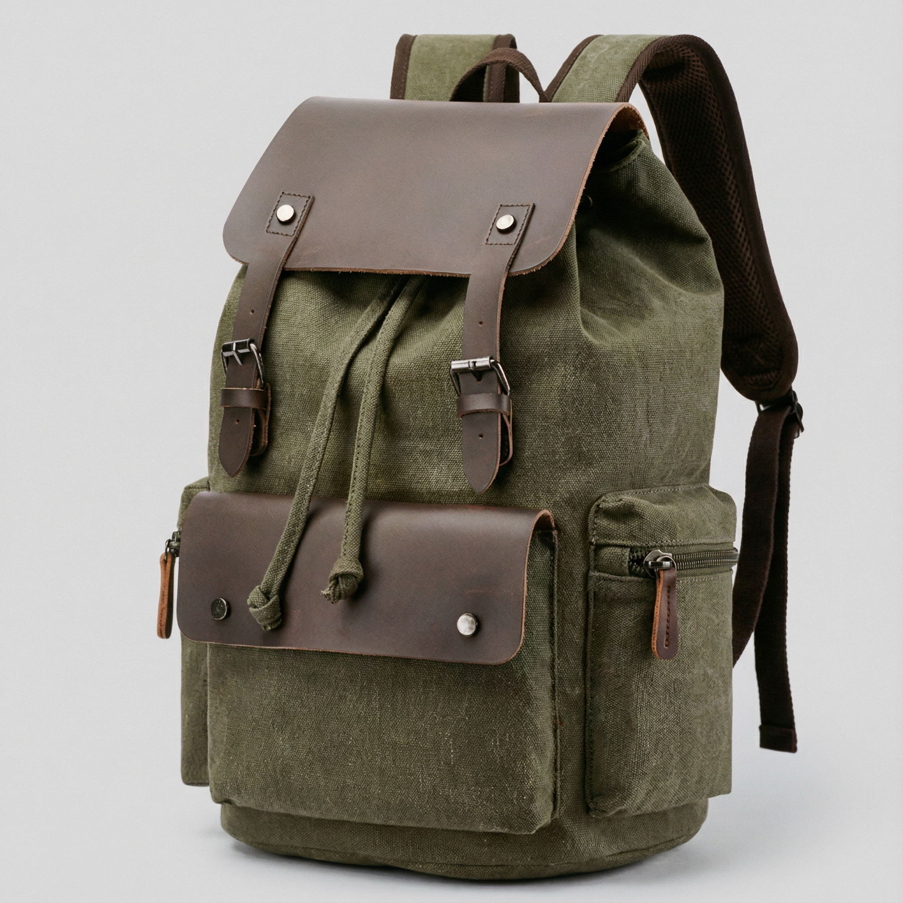 bags : Rugzak Grijs - RetroRider Laptoprugzak van Canvas en Leer in Olijfgroen van Pantino