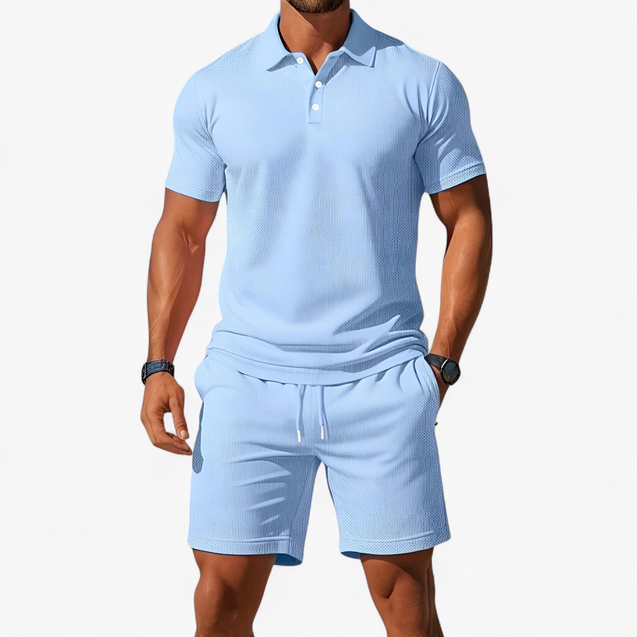 Outfit Sets : Set Herenpolo Zomer Ademend van Lichtgewicht Katoen in Lichtblauw van Pantinoshop