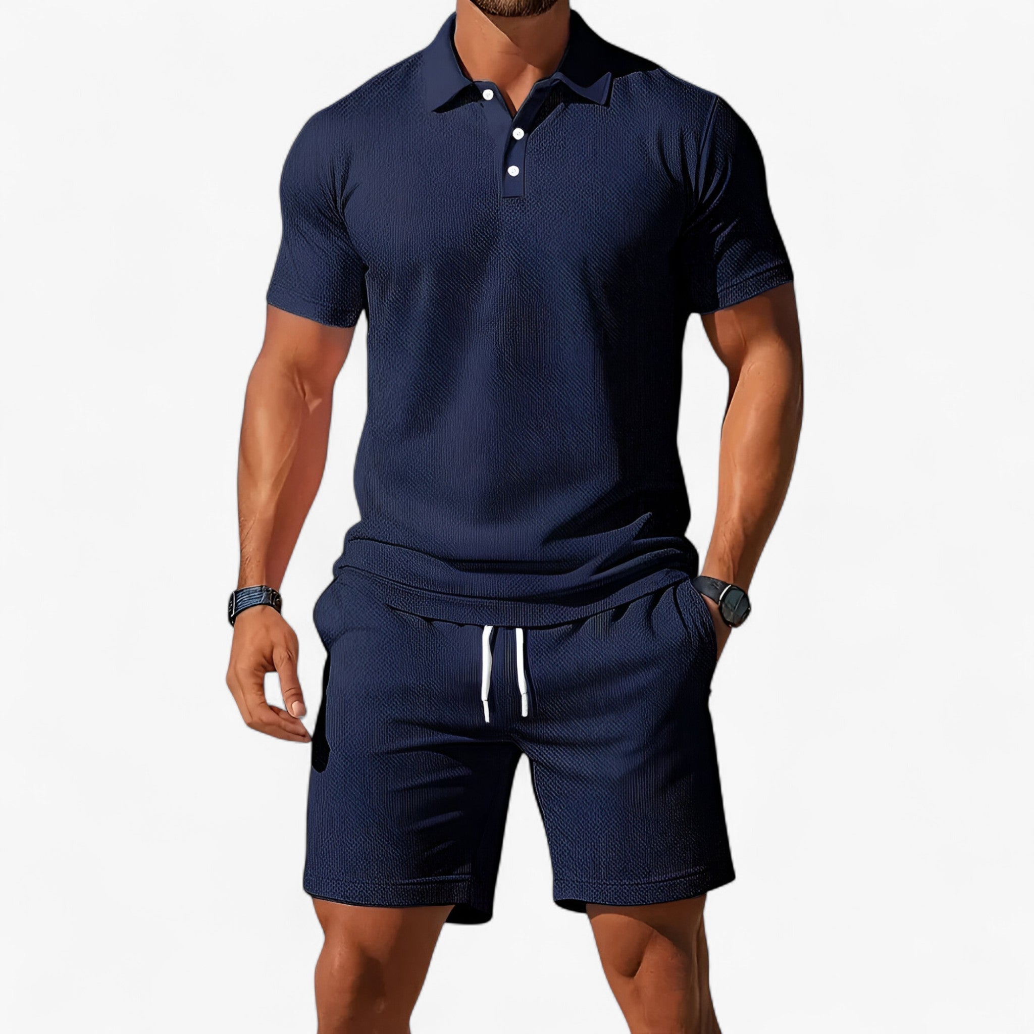 Outfit Sets : Set Herenpolo Zomer Ademend van Lichtgewicht Katoen in Donkerblauw van Pantinoshop