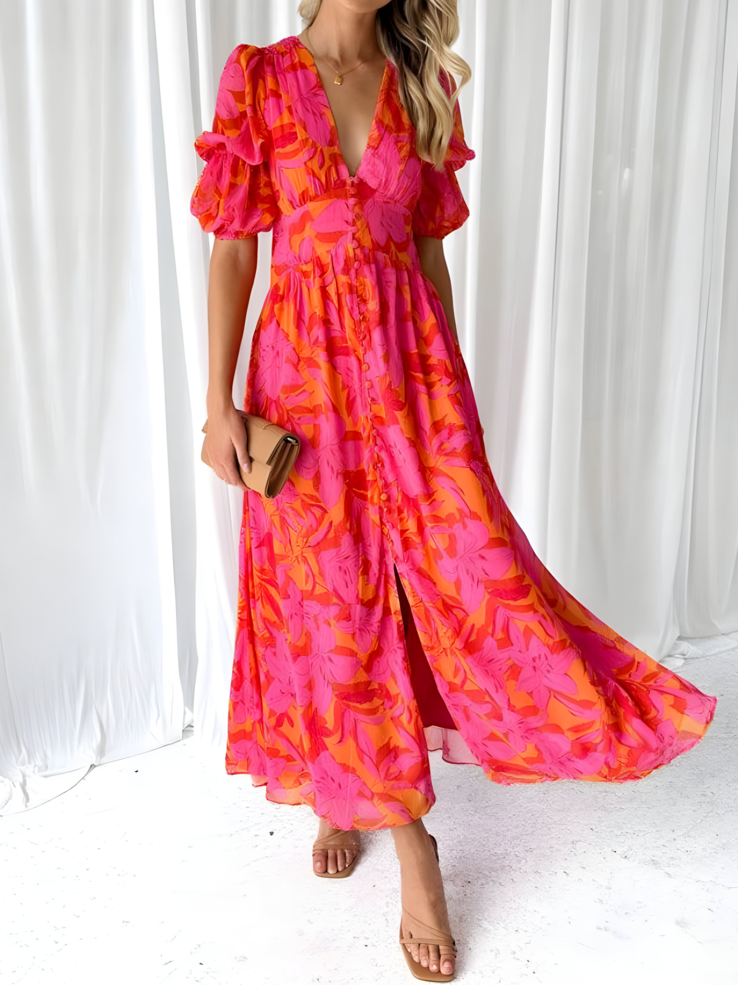 Maxi jurken : Elegante Lange Vloeiende Rode Damesjurk - Lichte Maxi Zomerjurk in Rood van Pantino