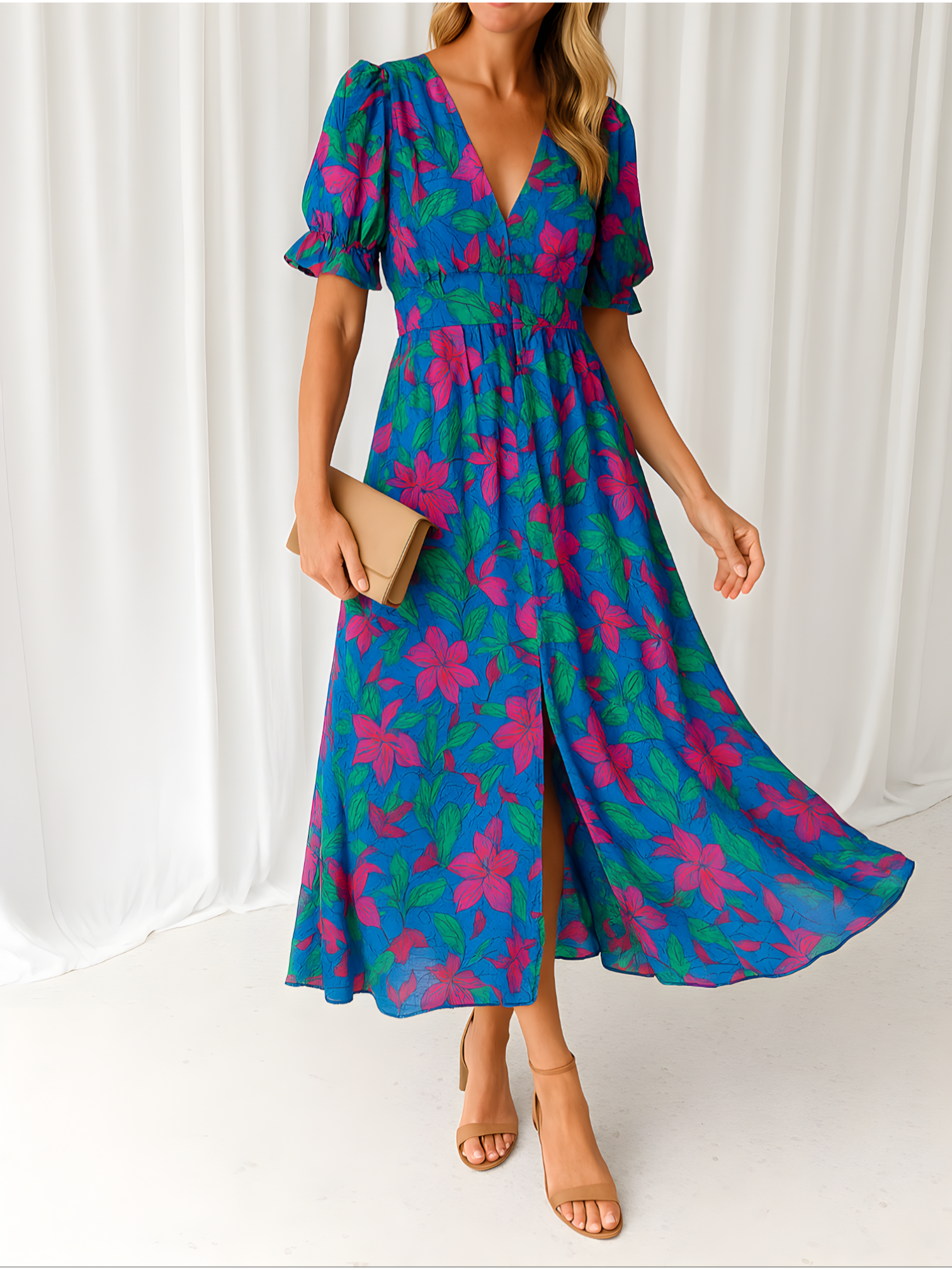 Maxi jurken : Elegante Lange Vloeiende Rode Damesjurk - Lichte Maxi Zomerjurk in Blauw van Pantino