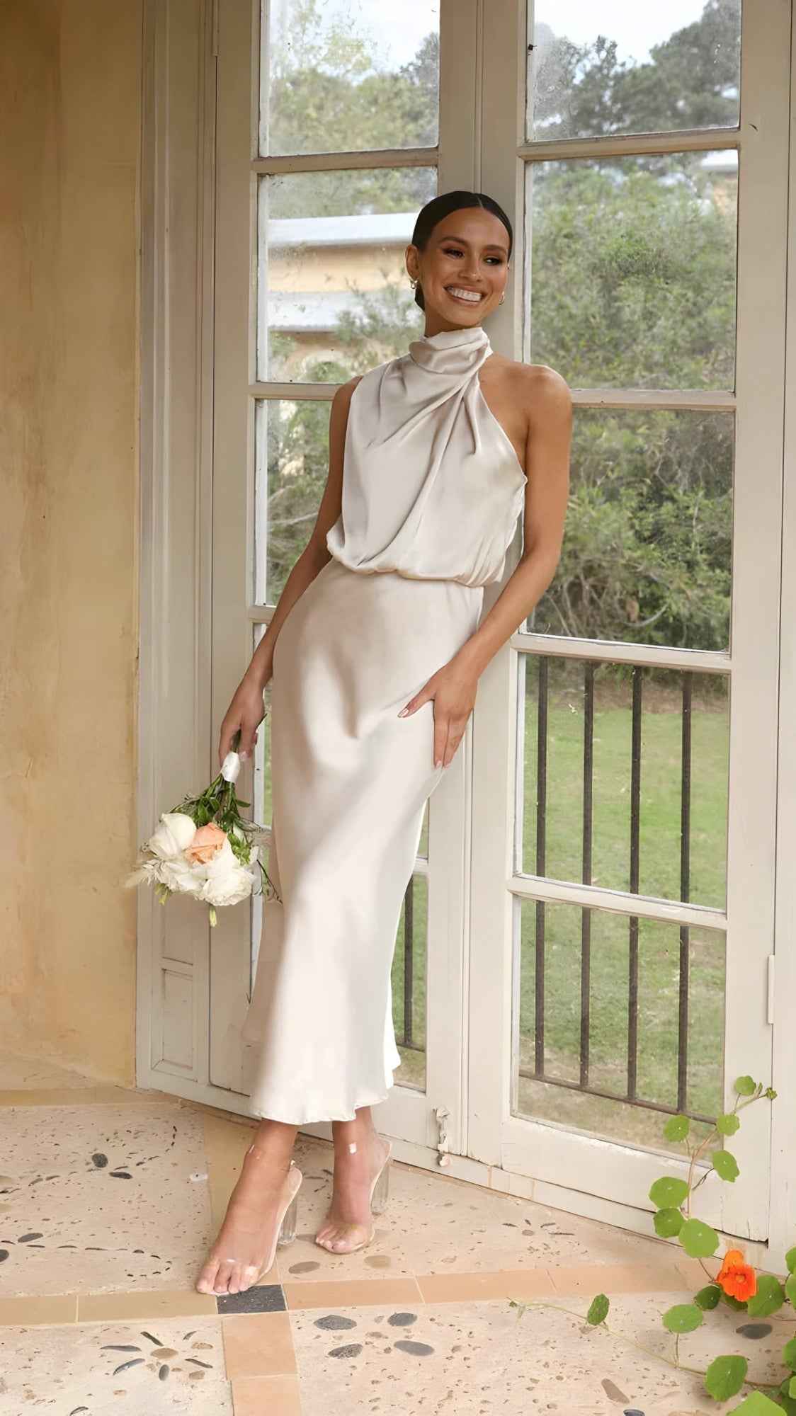 dresses : Dames Elegante Lange Jurk van Satijn voor Ceremonie Avond Feest in Champagne van Pantino