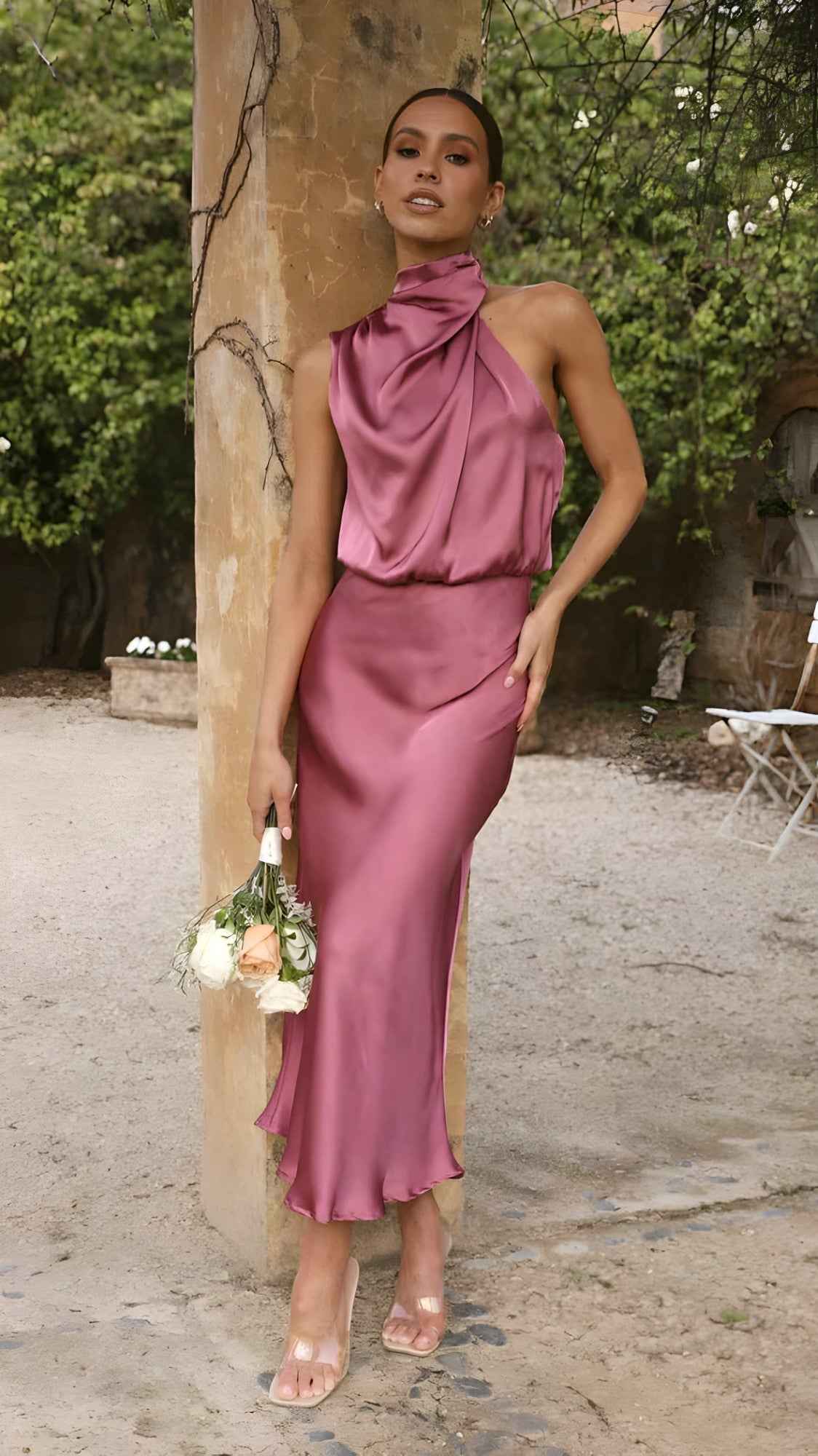 dresses : Lange Satijnen Jurk voor Dames voor 's Avonds in Rose van Pantino