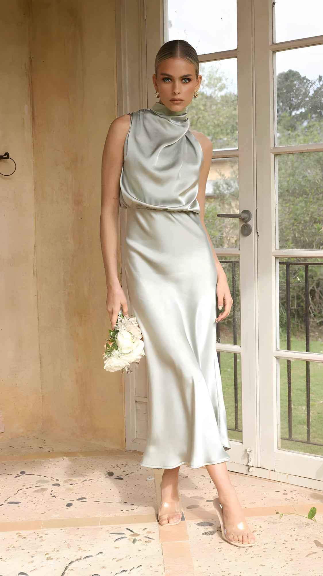 dresses : Dames Elegante Lange Jurk van Satijn voor Ceremonie Avond Feest in Olive van Pantino