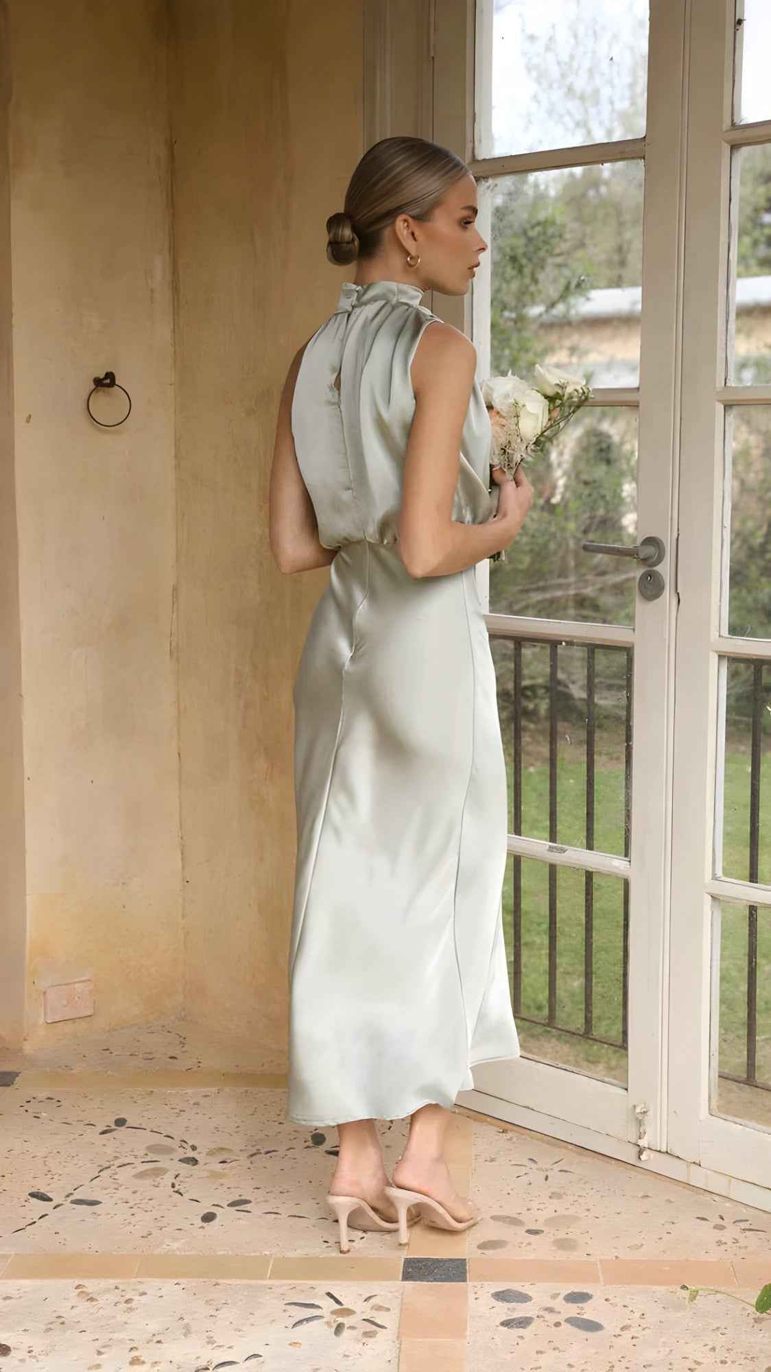 dresses : Dames Elegante Lange Jurk van Satijn voor Ceremonie Avond Feest in van Pantino