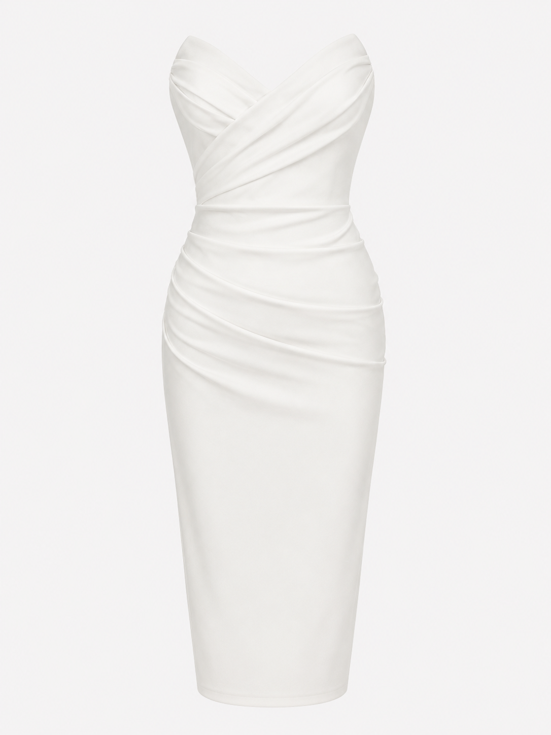 Dresses : Dames Strapless Midi Jurk van Polyester met Geplooide Overslagbuste en Rugsplit in Bianco van Pantino