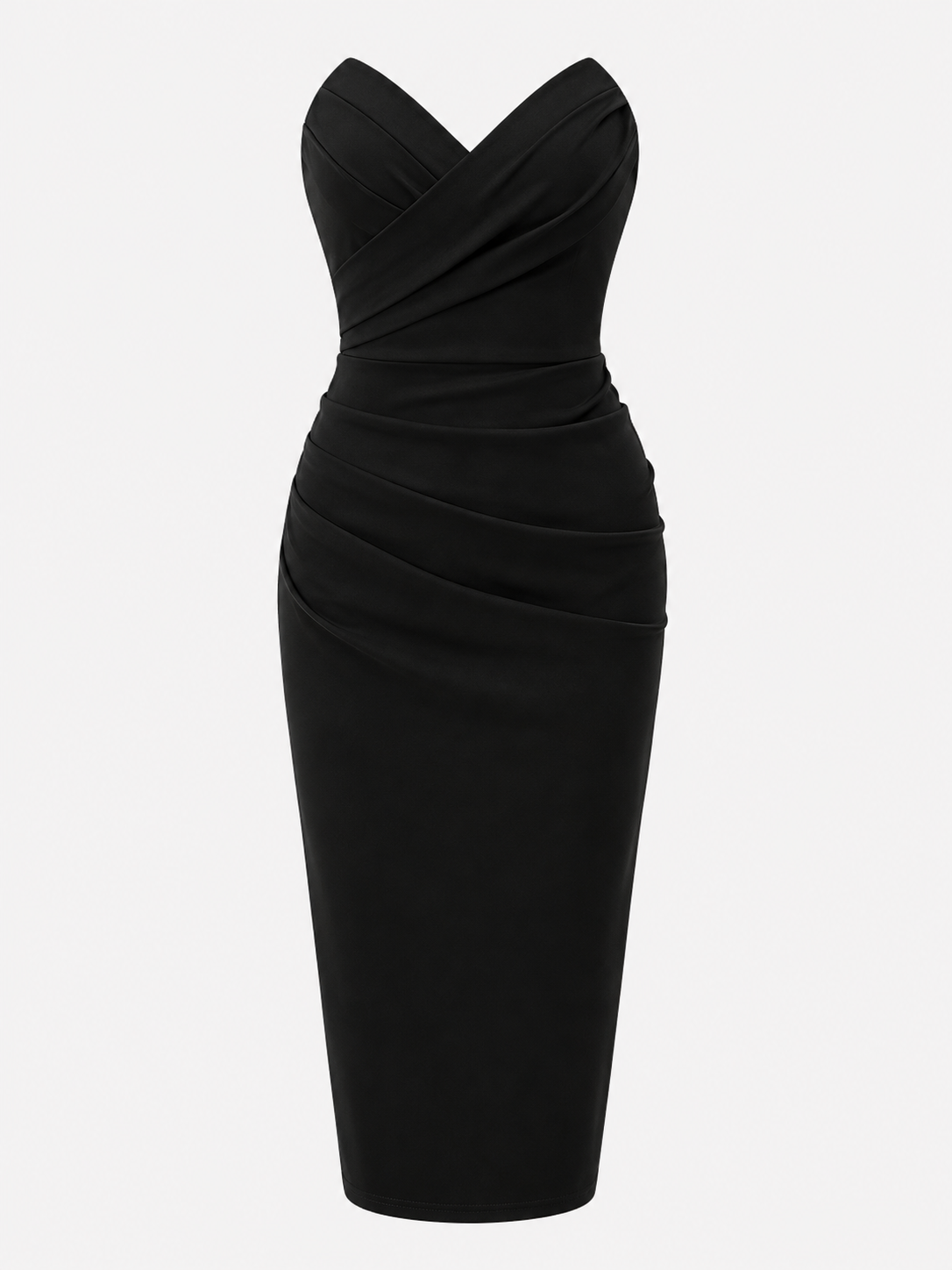 Dresses : Dames Strapless Midi Jurk van Polyester met Geplooide Overslagbuste en Rugsplit in Nero van Pantino