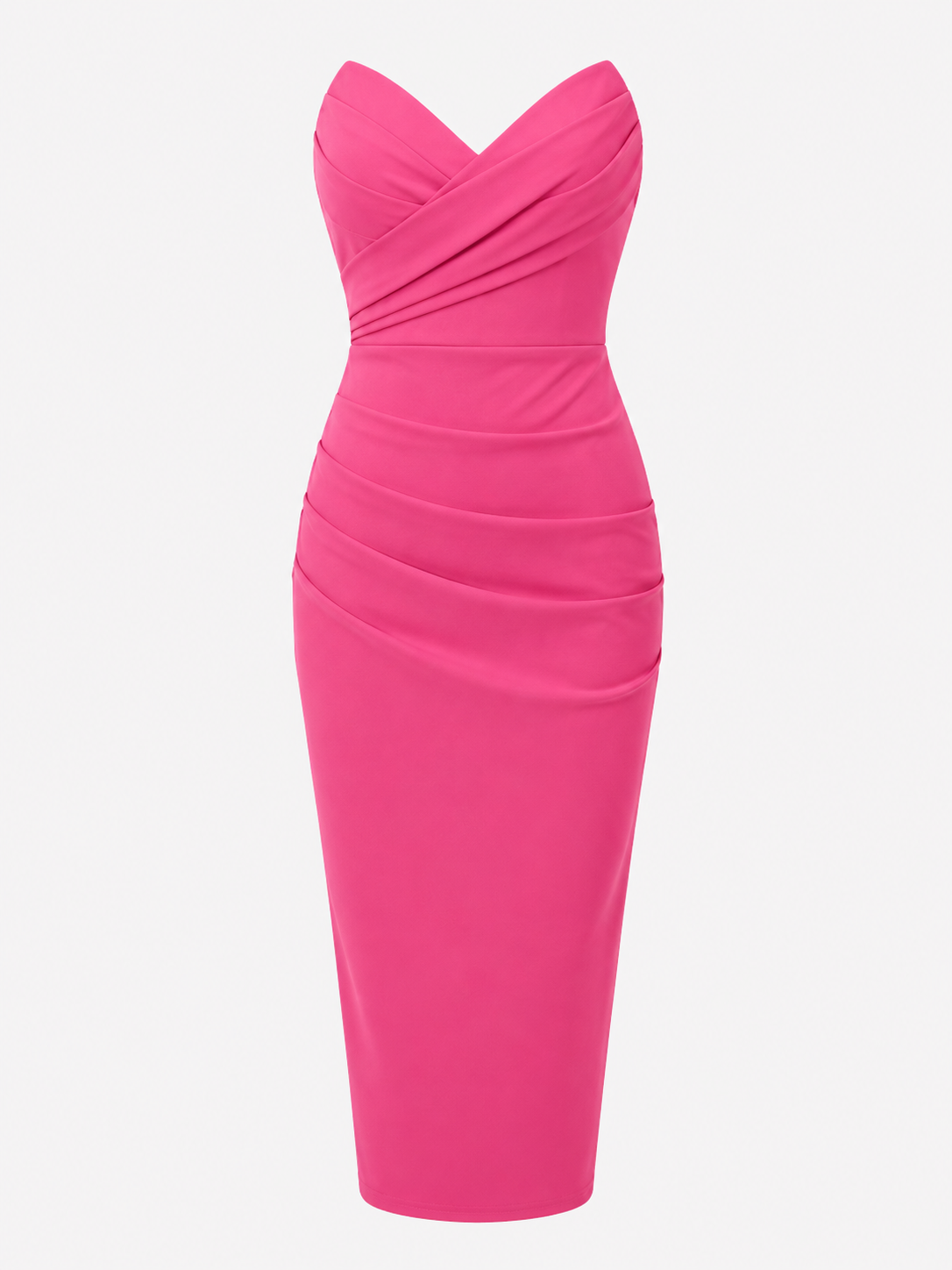 Dresses : Dames Strapless Midi Jurk van Polyester met Geplooide Overslagbuste en Rugsplit in Fucsia van Pantino