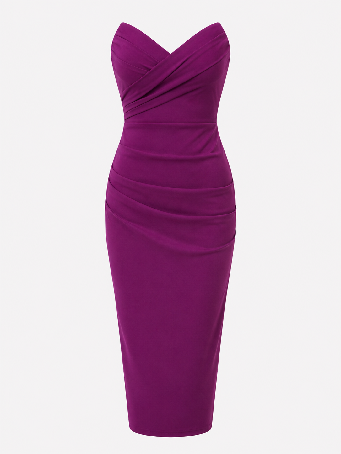 Dresses : Dames Strapless Midi Jurk van Polyester met Geplooide Overslagbuste en Rugsplit in Rosa caldo van Pantino