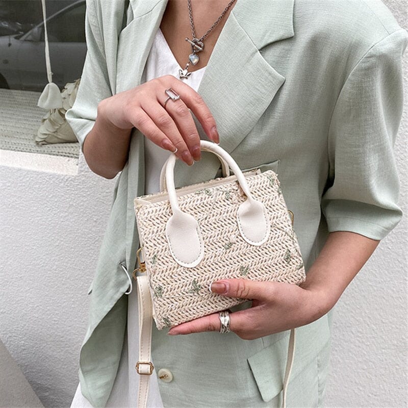 bags : Gevlochten Handtas Dames Beige - Bloem Accenten Bohemian - Stro in Beige van Pantino