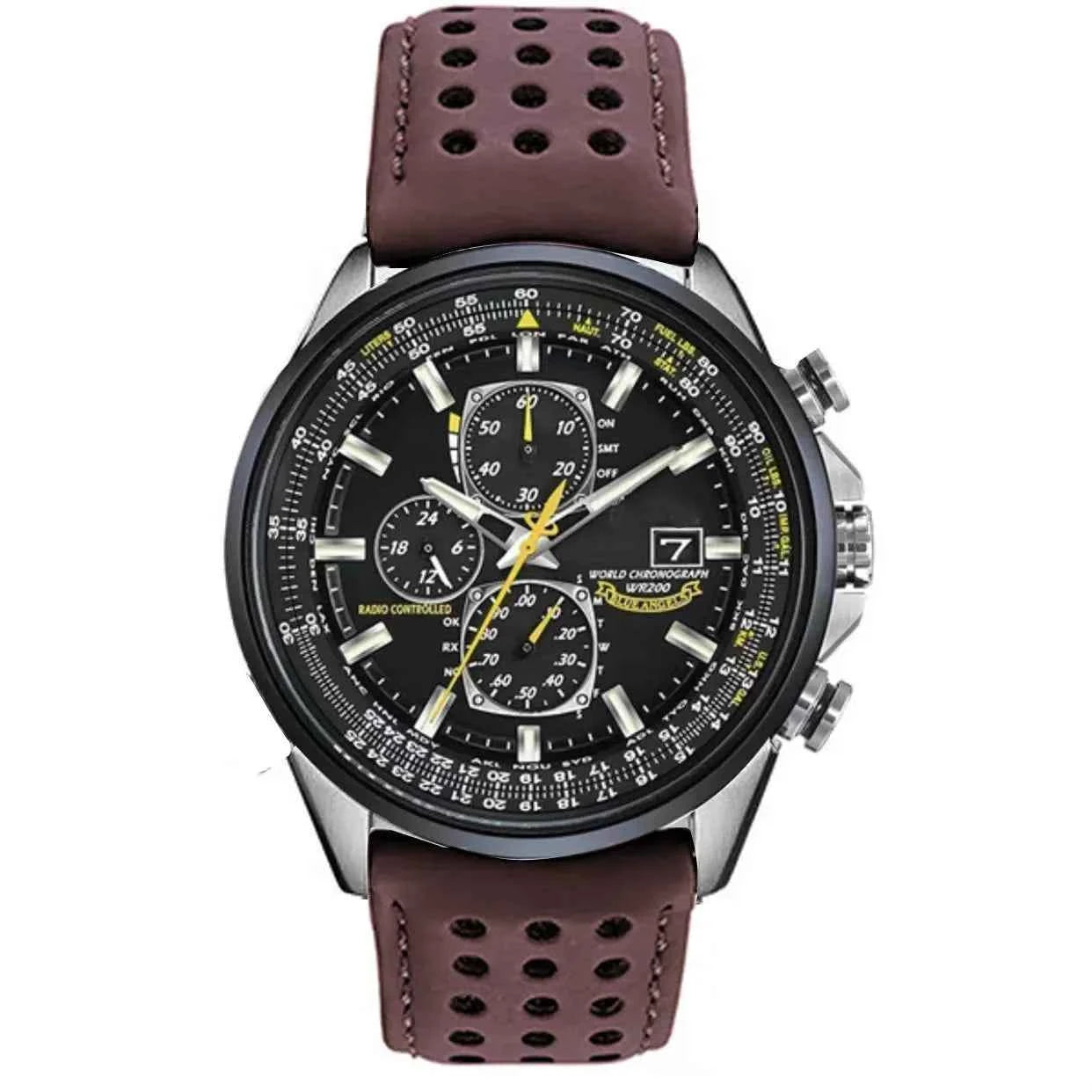 Watch : MultiSteel herenchronograafhorloge, leren band, elegant en nauwkeurig in Koffiekleurige riem met 3 knopen van Pantino