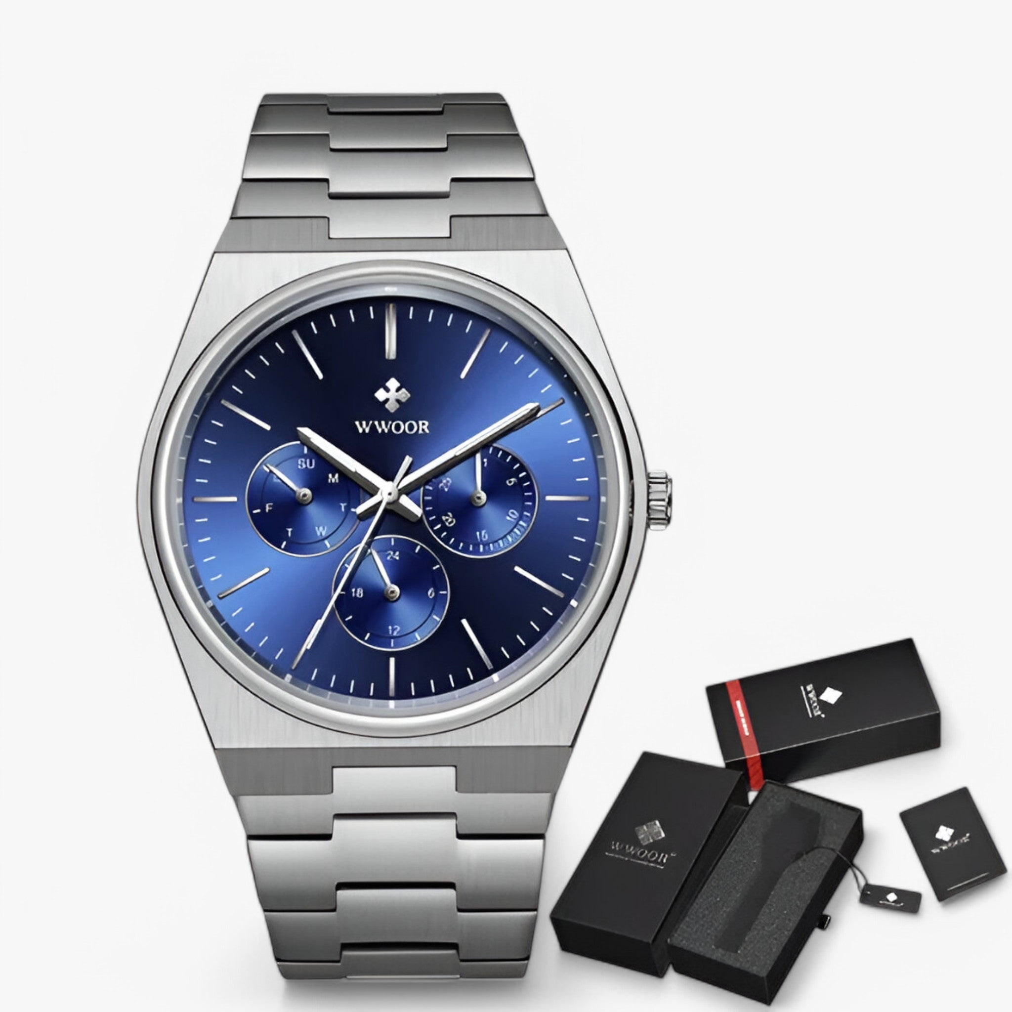 watches : Stalen Horloge met Saffierglas - Wit Zilver met Doos in blauw zilver met doos van Pantino