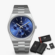 watches : Stalen Horloge met Saffierglas - Wit Zilver met Doos in blauw zilver met doos van Pantino
