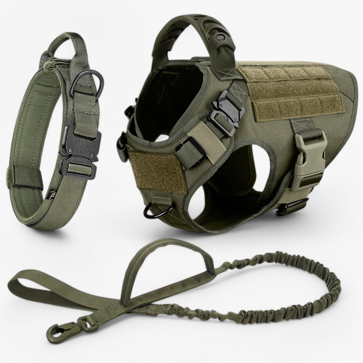 Ham tactic militar negru din nylon reglabil pentru câini mari, cu vestă și mâner