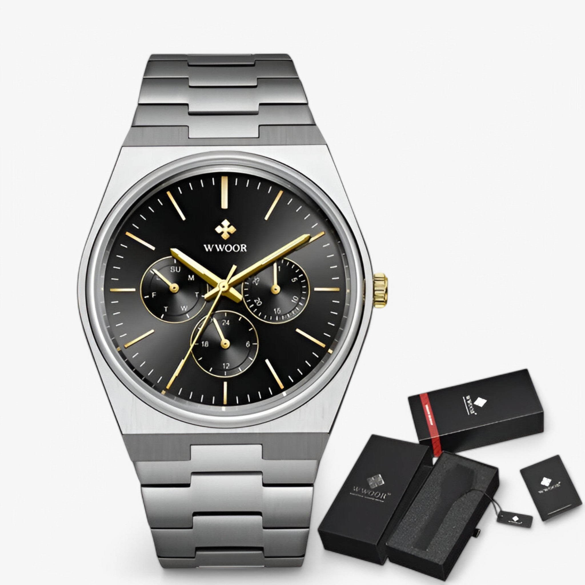 watches : Stalen Horloge met Saffierglas - Wit Zilver met Doos in zilver goud zwart met doos van Pantino