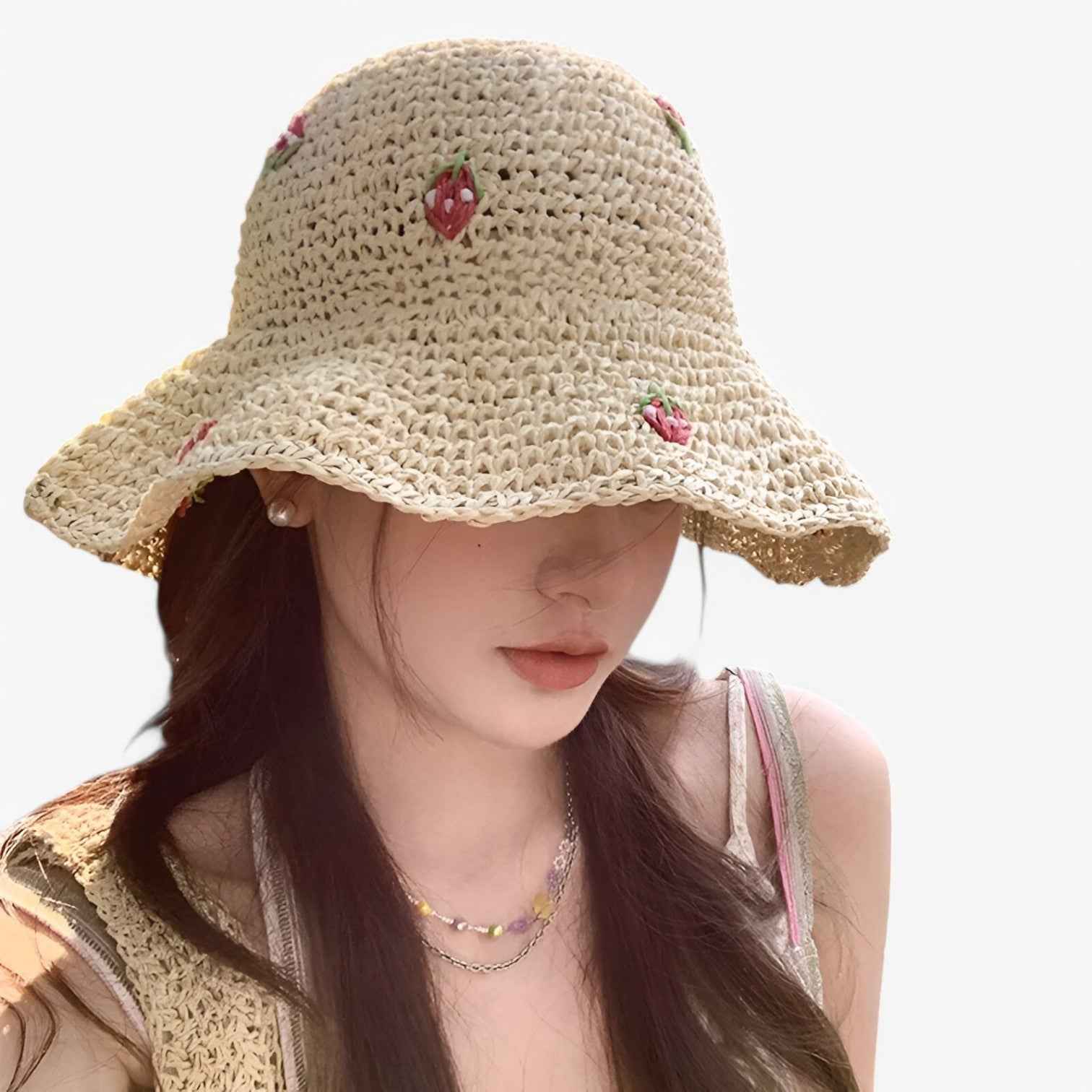 Women's Hat : <h1>Aardbeien zonnehoed – Opvouwbaar, handgemaakt en modieus beschermend</h1> in van Pantino