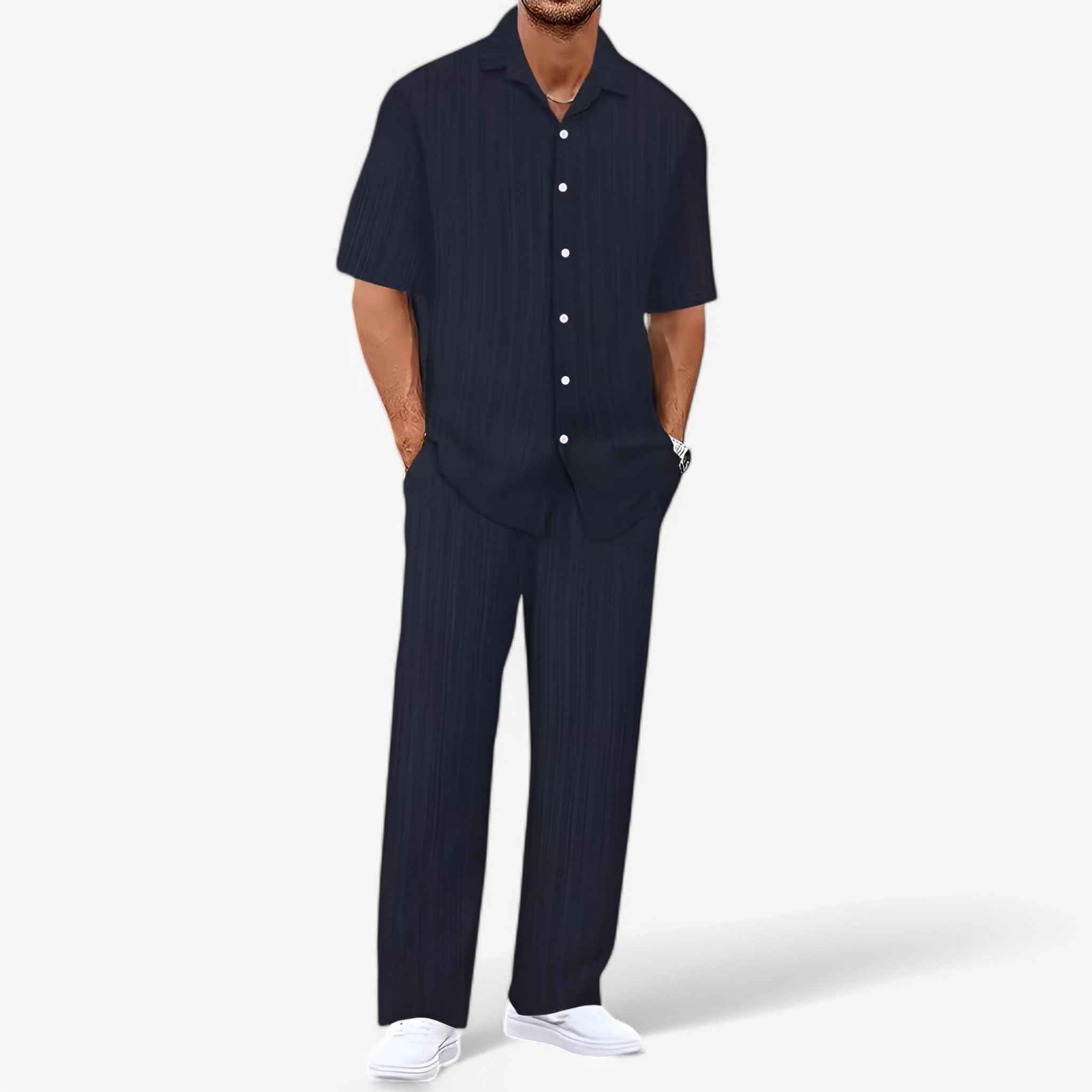 Outfit Sets : Heren Business Casual Set: Net Overhemd en Slim Fit Broek in Blauw marine Verpakking van 1 van Pantinoshop