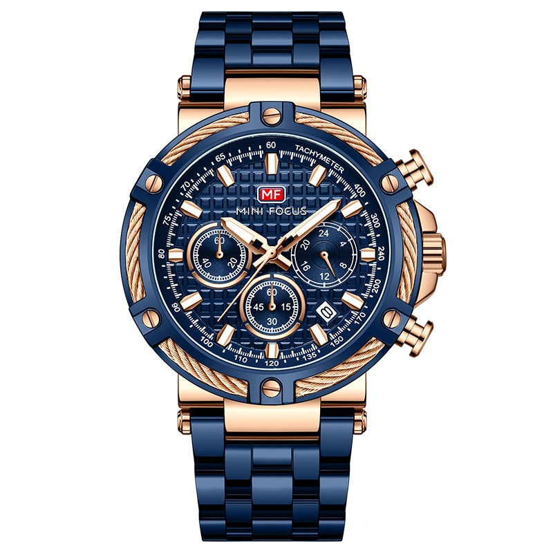 watches : Heren Horloge Zilver/Blauw RVS - Klassiek Polshorloge met Datumweergave in Roségoud Blauw van Pantino
