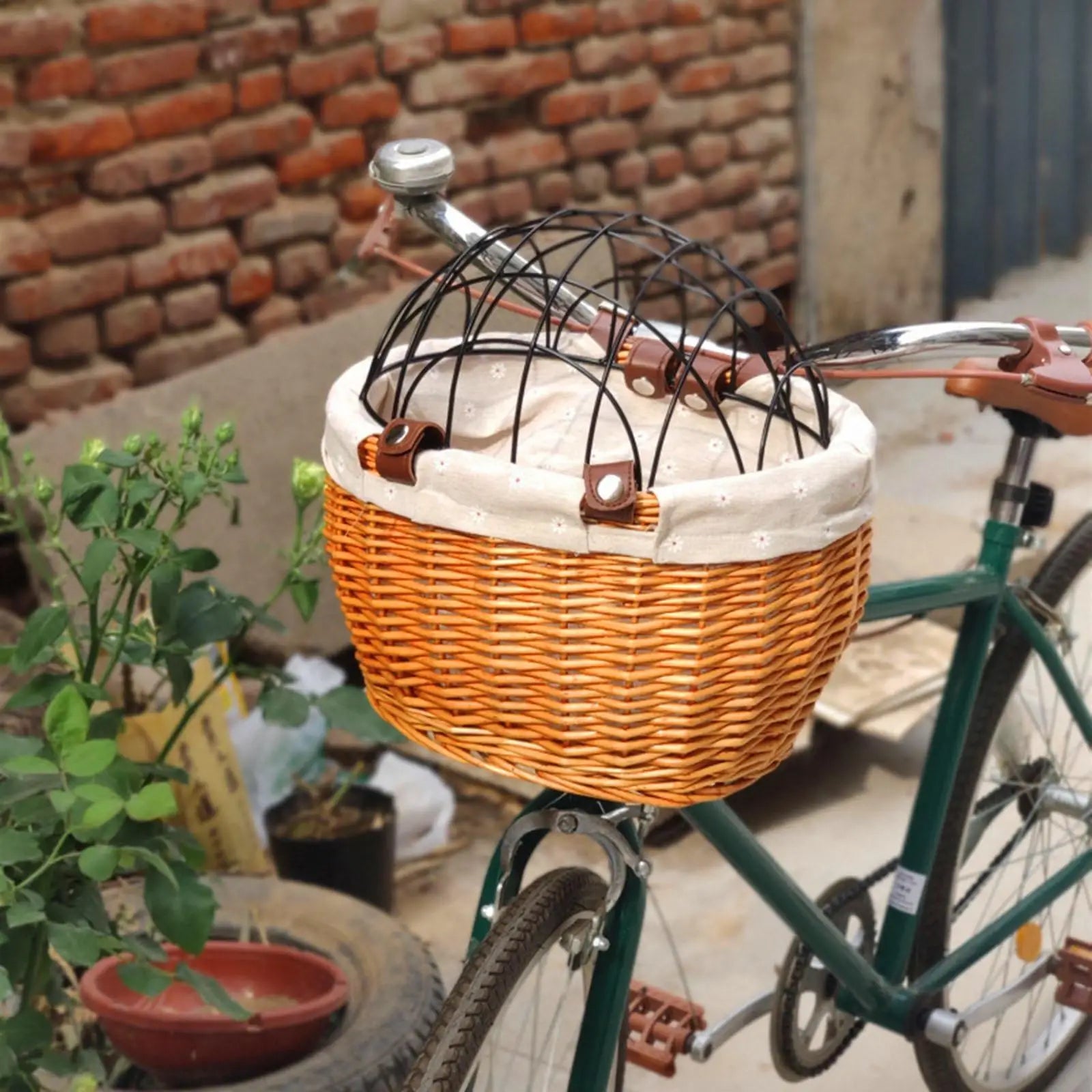 pets : Honden Fietsmand Voorop Cognac - Riet Look Waterdicht - Rotan in Cognac van Pantino
