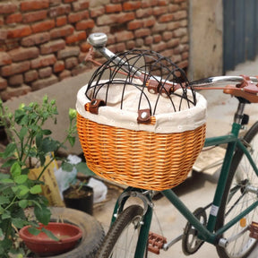 pets : Honden Fietsmand Voorop Cognac - Riet Look Waterdicht - Rotan in Cognac van Pantino