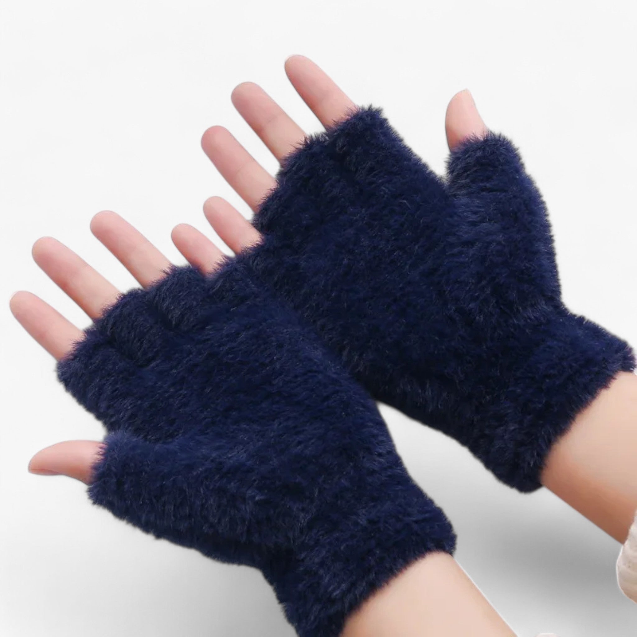 Gloves : Handschoenen Grijs - Halfvinger Imitatie Mink - Warmte & Touchscreen Gemak in Marineblauw van Pantino