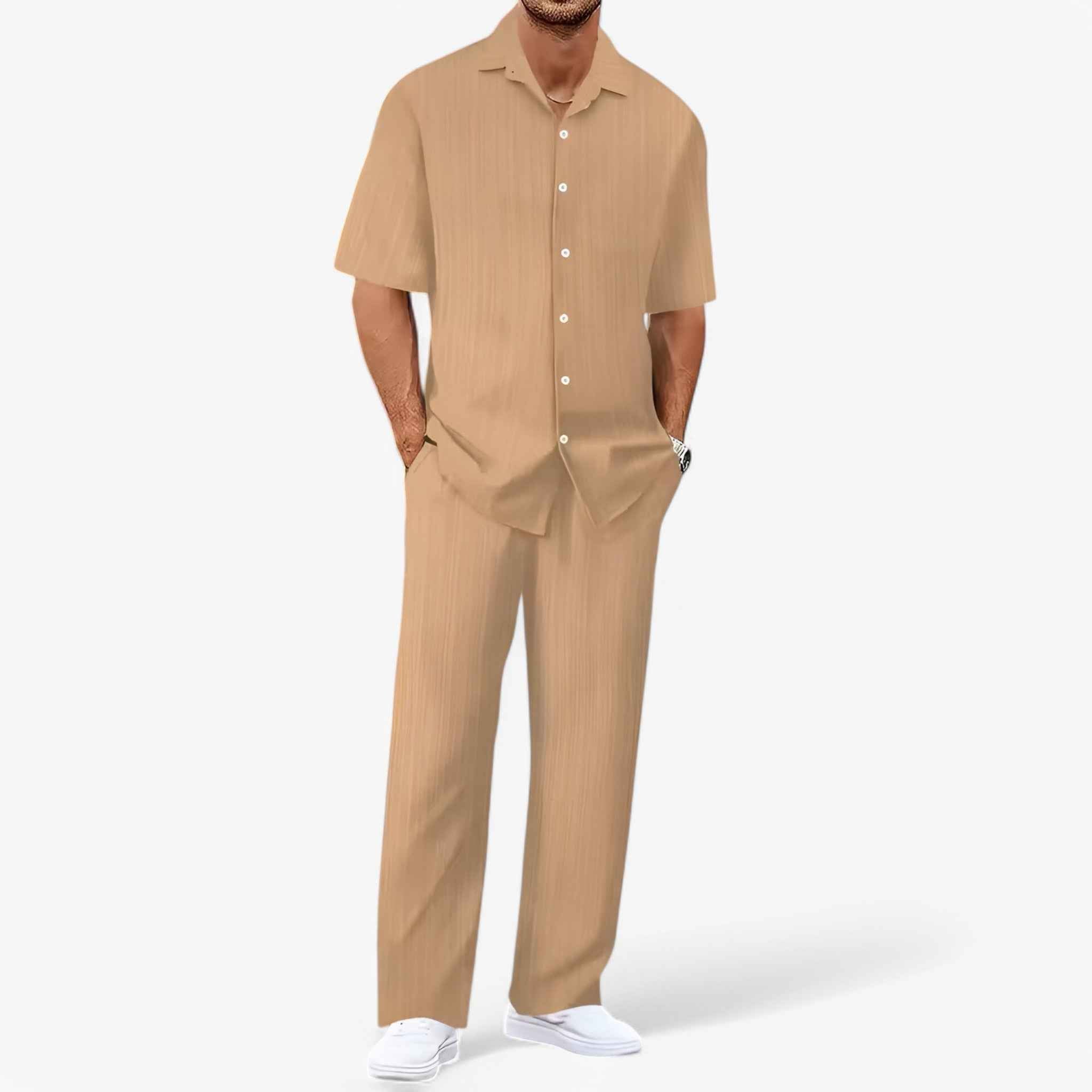 Outfit Sets : Heren Business Casual Set: Net Overhemd en Slim Fit Broek in Dadelpruimen Verpakking van 1 van Pantinoshop