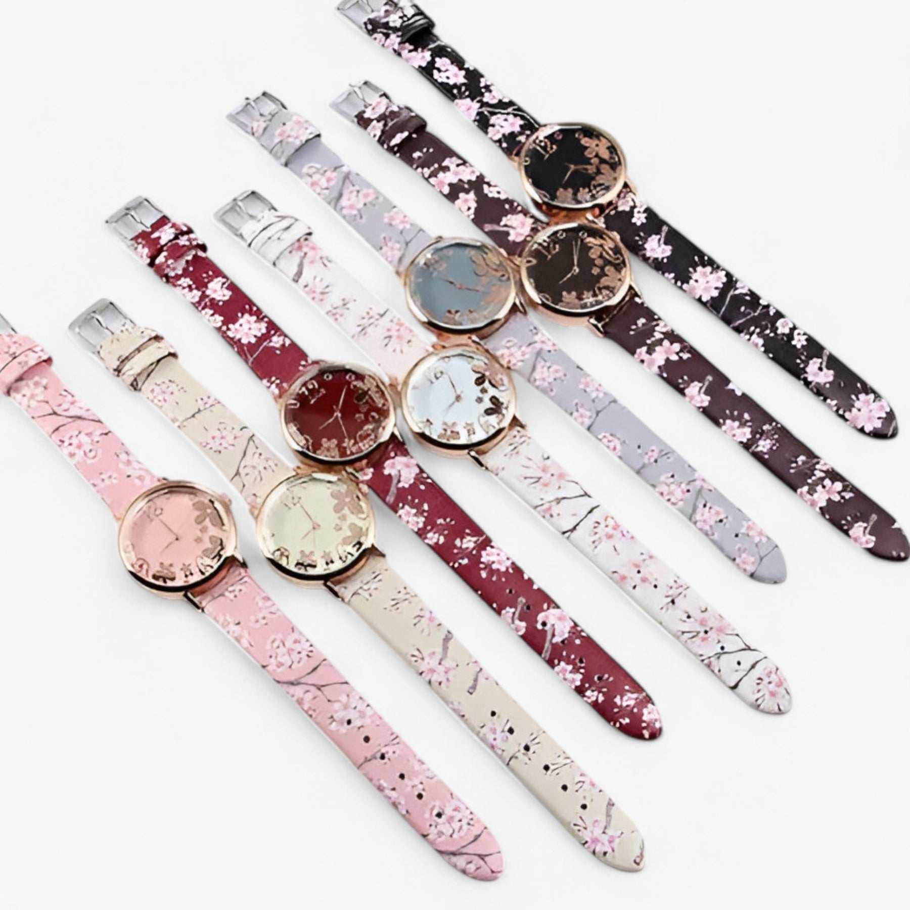 Watch Set : Dameshorloge van Leer met Bloemennwijzer en Bijpassende Armband - Roze in van Pantino