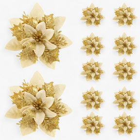 home & garden : 5/10 Stuks Glitterende Kerstbloemen - Sprankelende Boomversieringen - Rood in Goud van Pantino