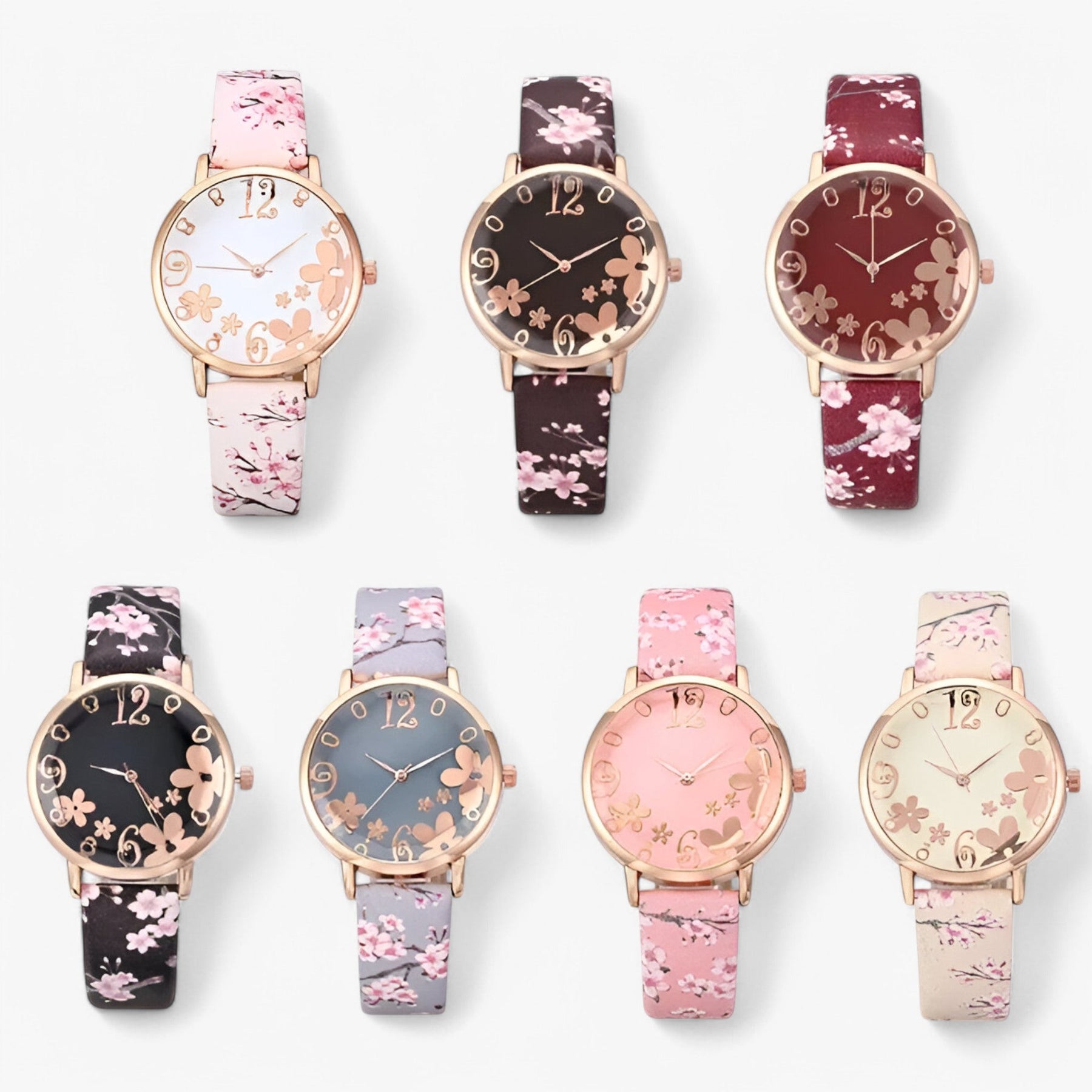 Watch Set : Dameshorloge van Leer met Bloemennwijzer en Bijpassende Armband - Roze in van Pantino