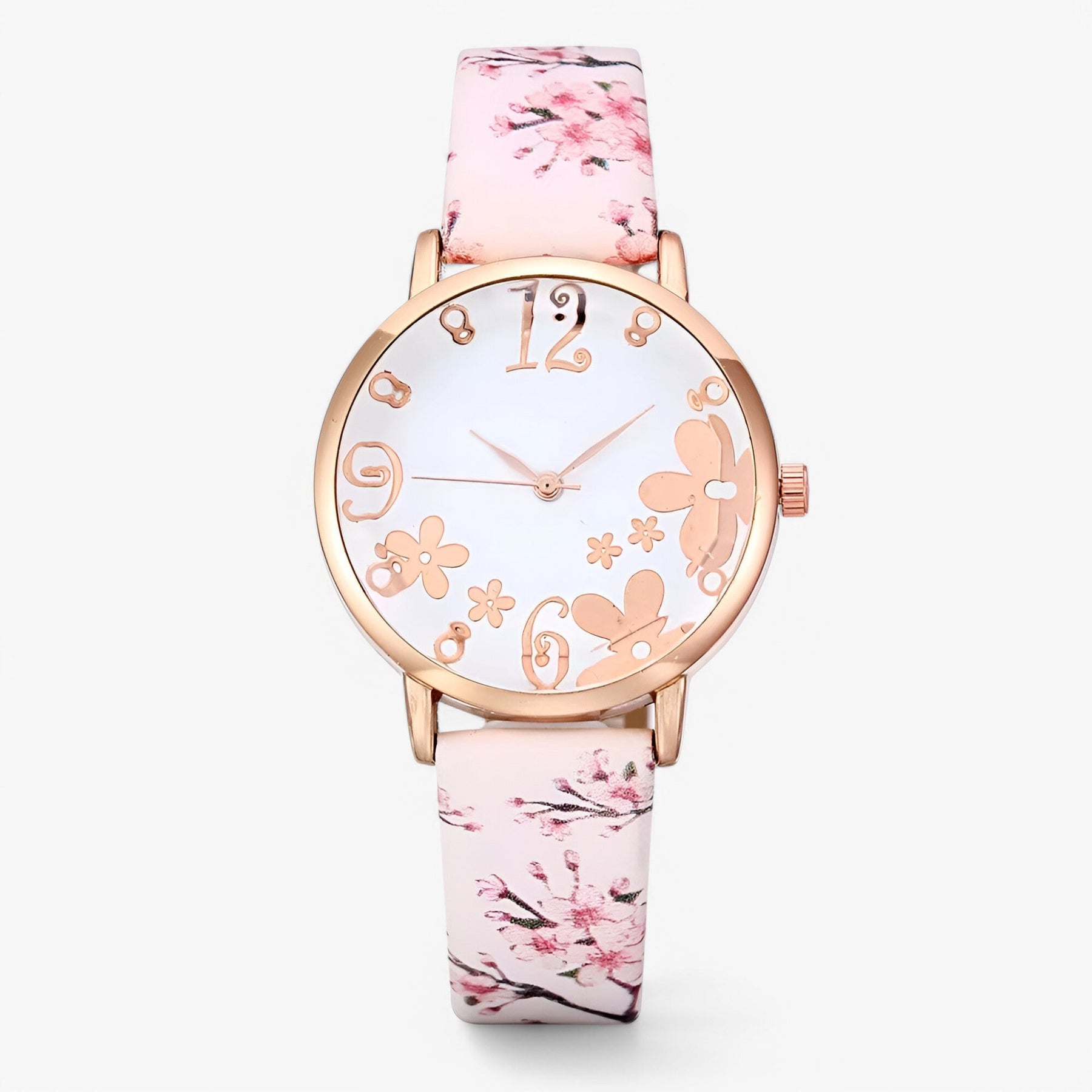 Watch Set : Dameshorloge van Leer met Bloemennwijzer en Bijpassende Armband - Roze in Wit van Pantino