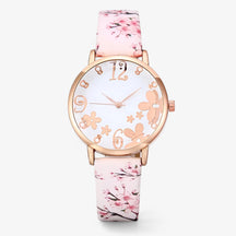 Watch Set : Dameshorloge van Leer met Bloemennwijzer en Bijpassende Armband - Roze in Wit van Pantino