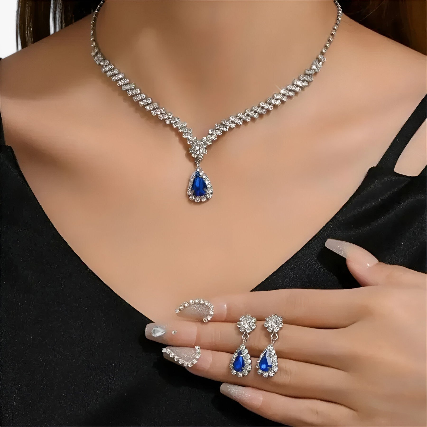 Jewelry Set : Oorbellen Dames Zilver - Trouwset 2 Delen - Druppelhanger en 2 in Blauw 2 van Pantino