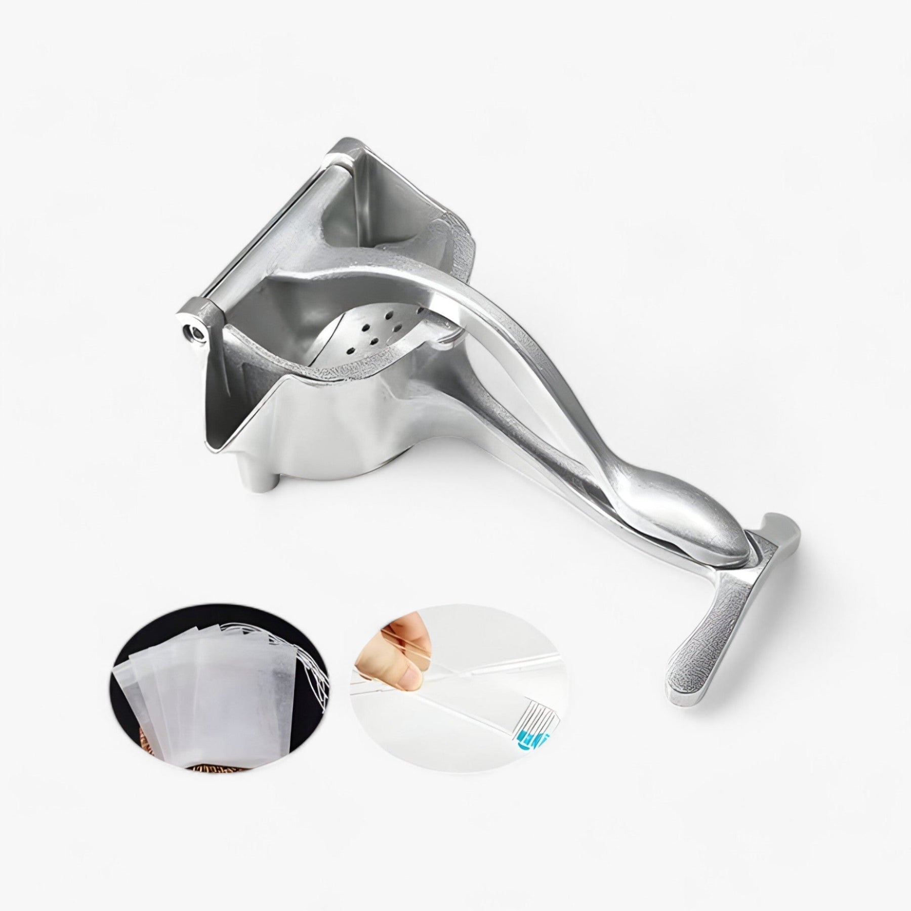 home & garden : CitrusPro - Ensemble Perssysteem - Handpers van Aluminiumlegering voor Citrusvruchten & Granaatappels in Citruspers met doos en 50 filterzakjes en 1 tang van Pantino