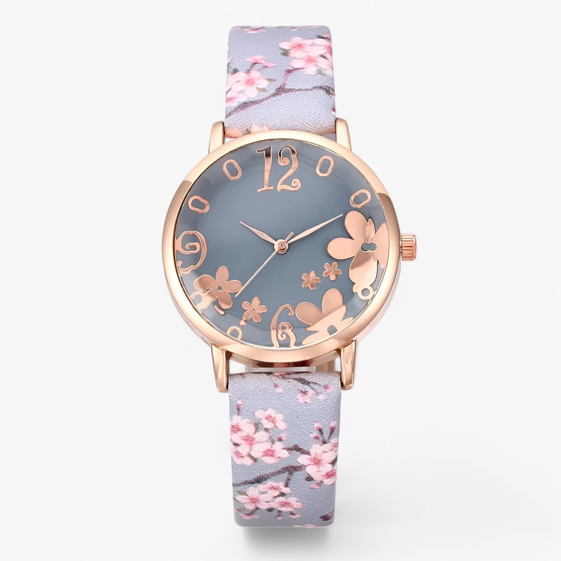 Watch Set : Dameshorloge van Leer met Bloemennwijzer en Bijpassende Armband - Roze in Blauw van Pantino