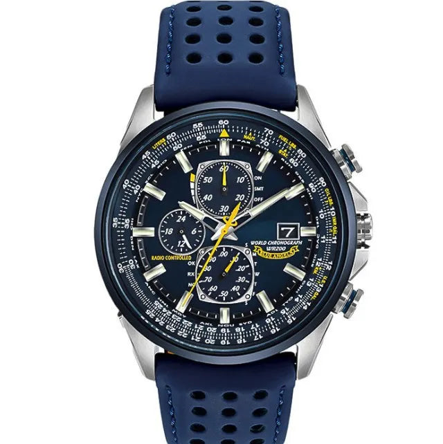 watches : Heren Chronograaf Horloge MultiSteel - 42mm Roestvrij Staal - Koffiebruin/Zwart Leer in 3-Knops Blauwe Riem van Pantino