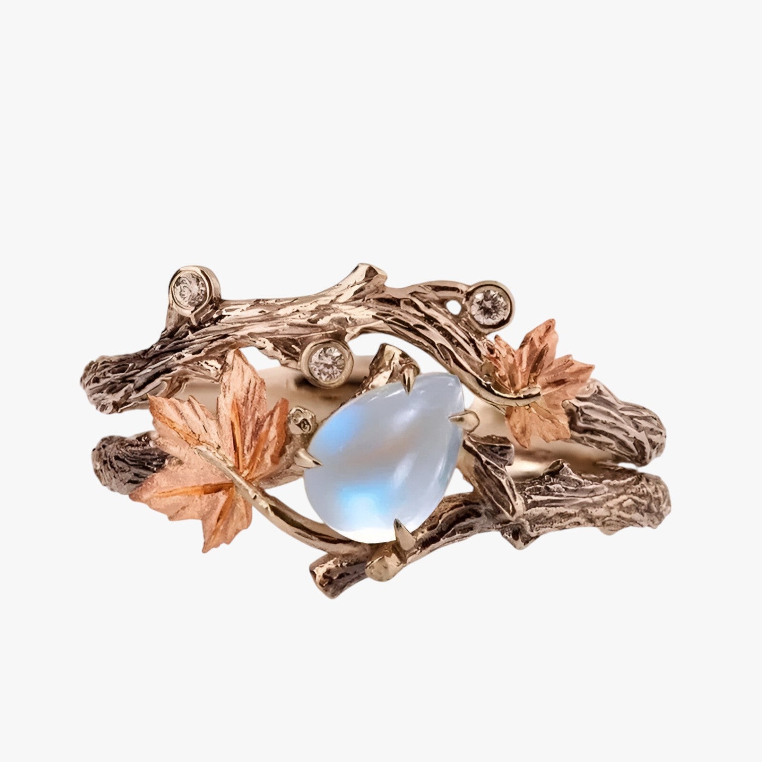 Ring : Gouden Ring met Blad - Tijdloze Hanger met Maansteen Glans in van Pantino