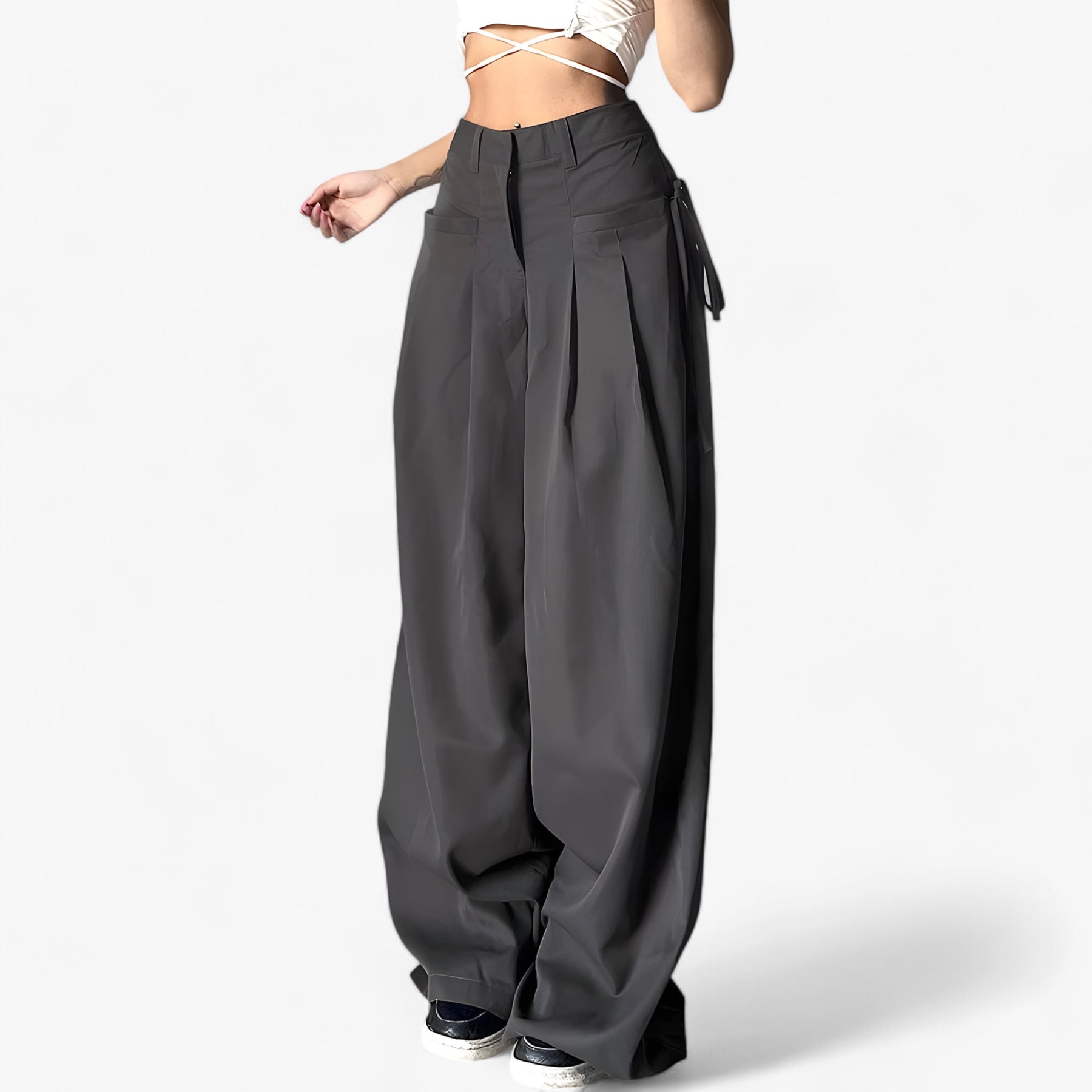 Pants : Broek met Wijde Pijpen - Hoge Taille & Retro Kantoorstijl - Zwart in Grijs van Pantino