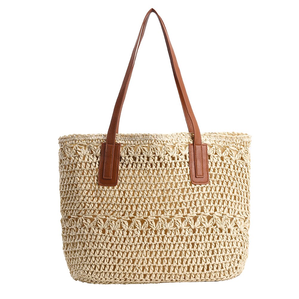 bags : Stro Tas Dames Beige - Chique Leren Riemen Zomer - Stro in van Pantino