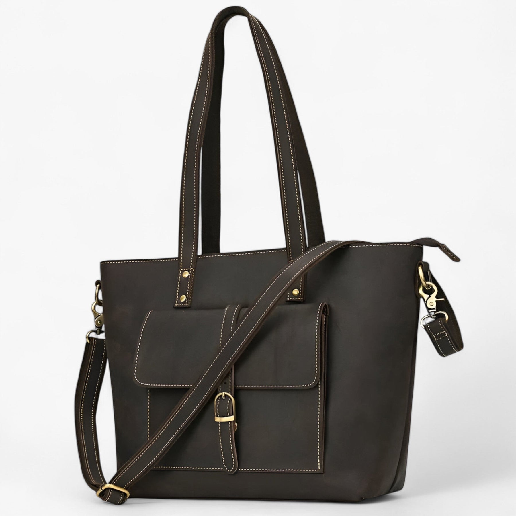 bags : Tote Bag Dames Donkerbruin - Elegante Echte Lederen Tas voor - Ruim & Lichtgewicht Ontwerp in Donkerbruin 2 van Pantino