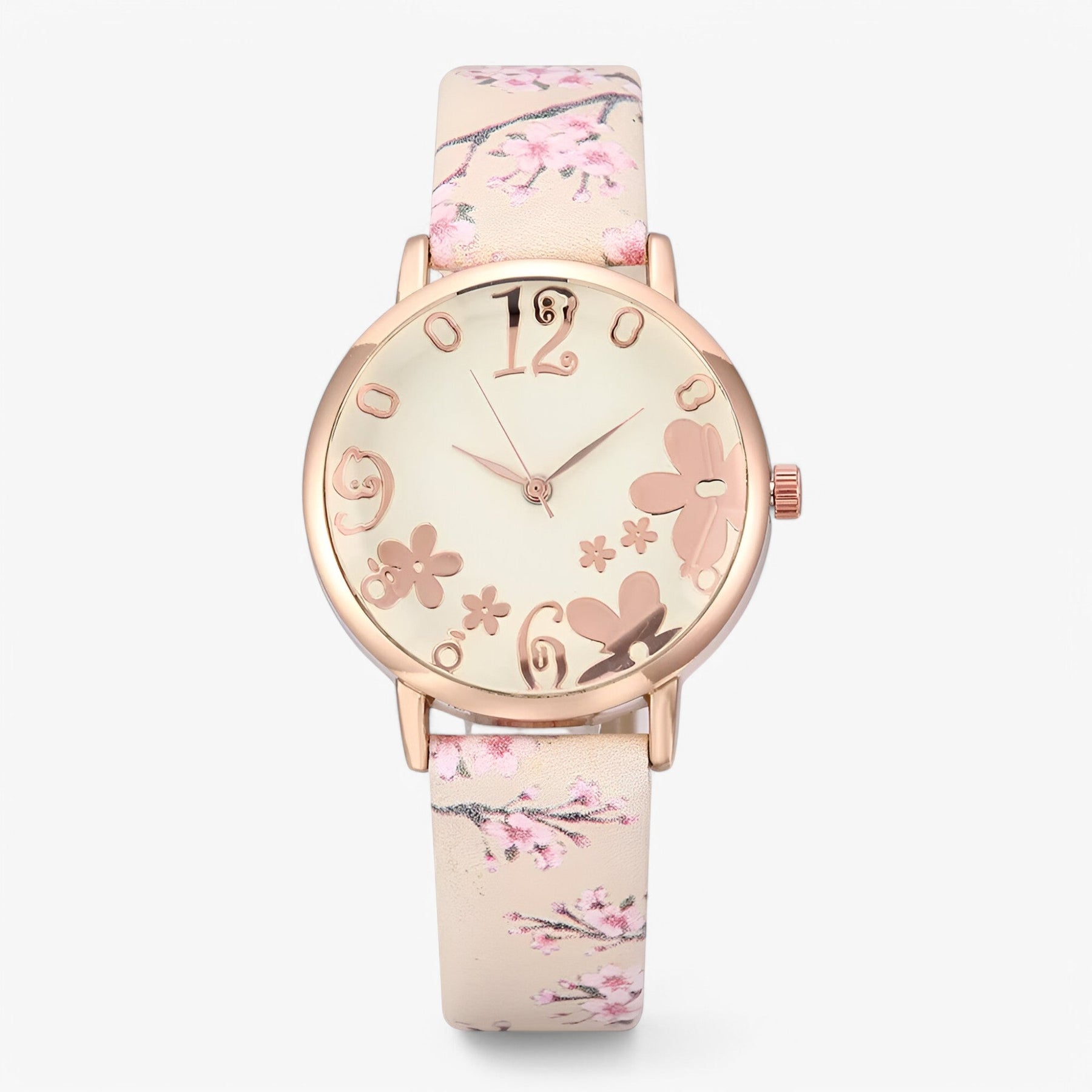 Watch Set : Dameshorloge van Leer met Bloemennwijzer en Bijpassende Armband - Roze in Beige van Pantino