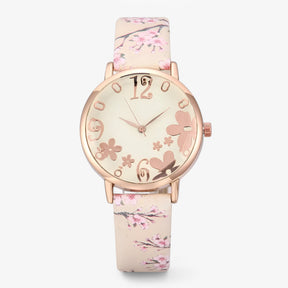 Watch Set : Dameshorloge van Leer met Bloemennwijzer en Bijpassende Armband - Roze in Beige van Pantino