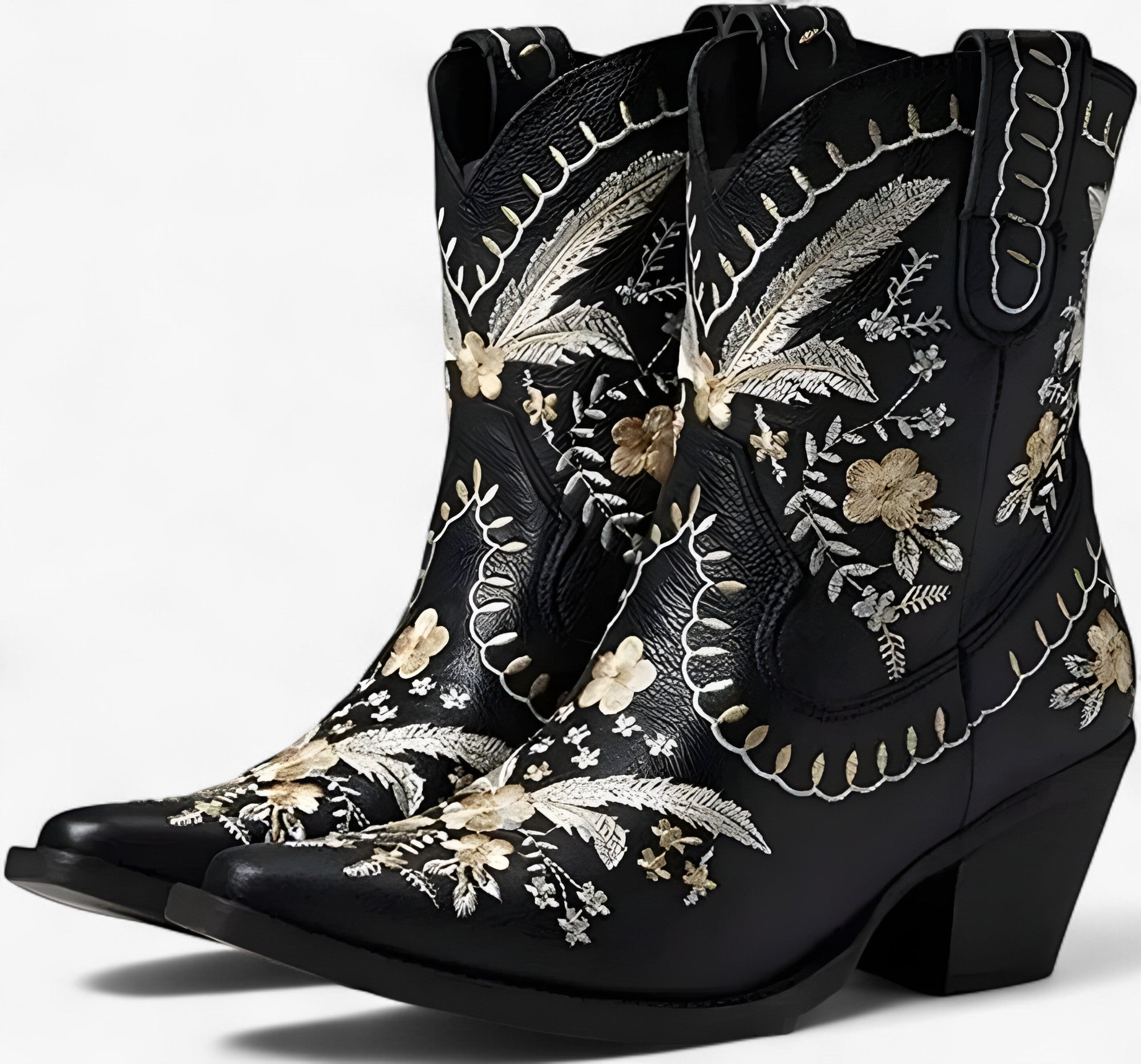 Sandals : Ruskind Westernlaarzen met Brede Hak in Cowgirlstijl - Zwart in Zwart van Pantino