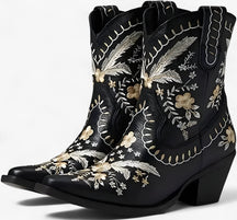 Sandals : Ruskind Westernlaarzen met Brede Hak in Cowgirlstijl - Zwart in Zwart van Pantino