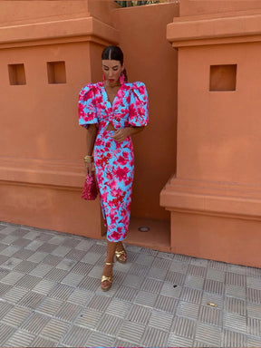 dresses : Robe Midi Fleurie Emery Fluide Femme - Élégante, Légère pour l'Été, Manches Bouffantes in Bleu van Pantino
