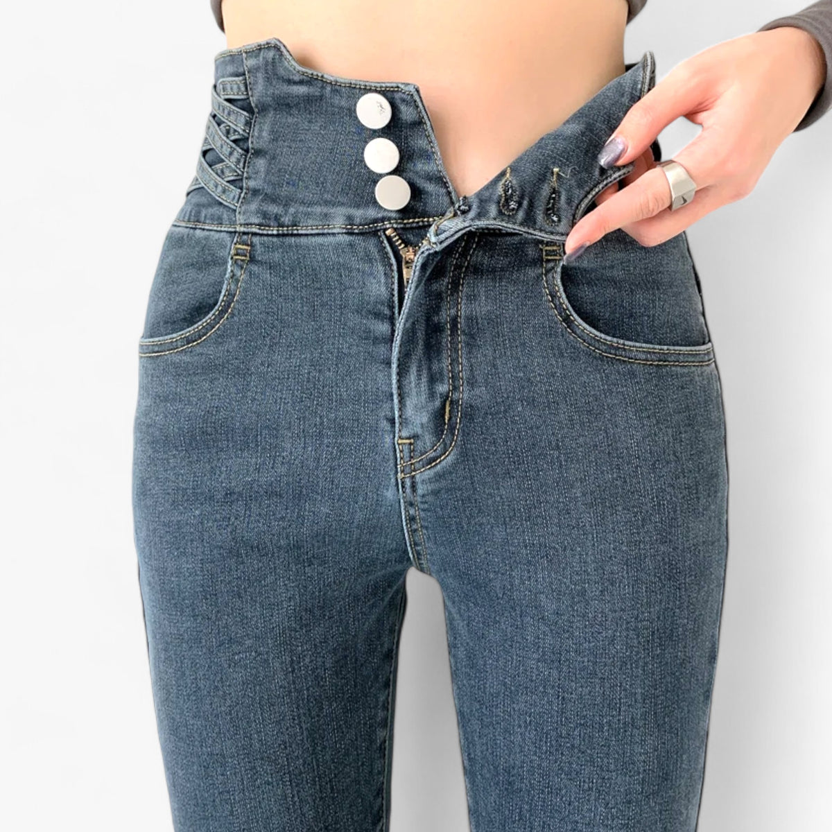 Jeans : Jeans Grijs 3 Knoppen - Skinny Koker - Slanke Stretch voor een Flatterende Pasvorm in Blauw Grijs 3 Knoppen van Pantino