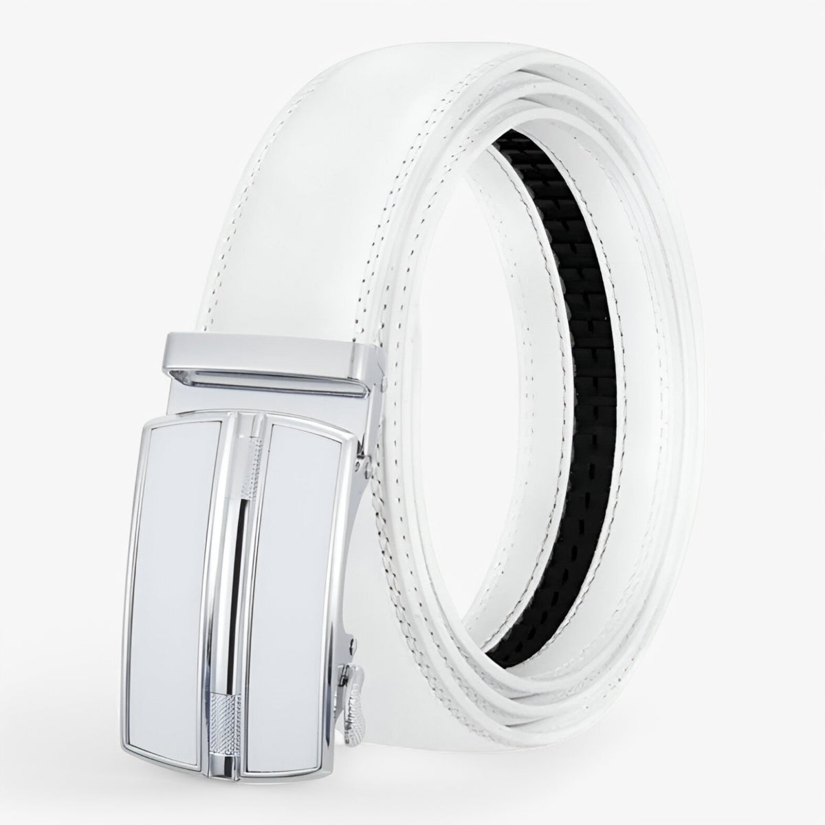 Men's Leather Automatic Buckle Belt : Riem Heren Zwart - Leren Herenriem met Automatische Lus in Wit van Pantino