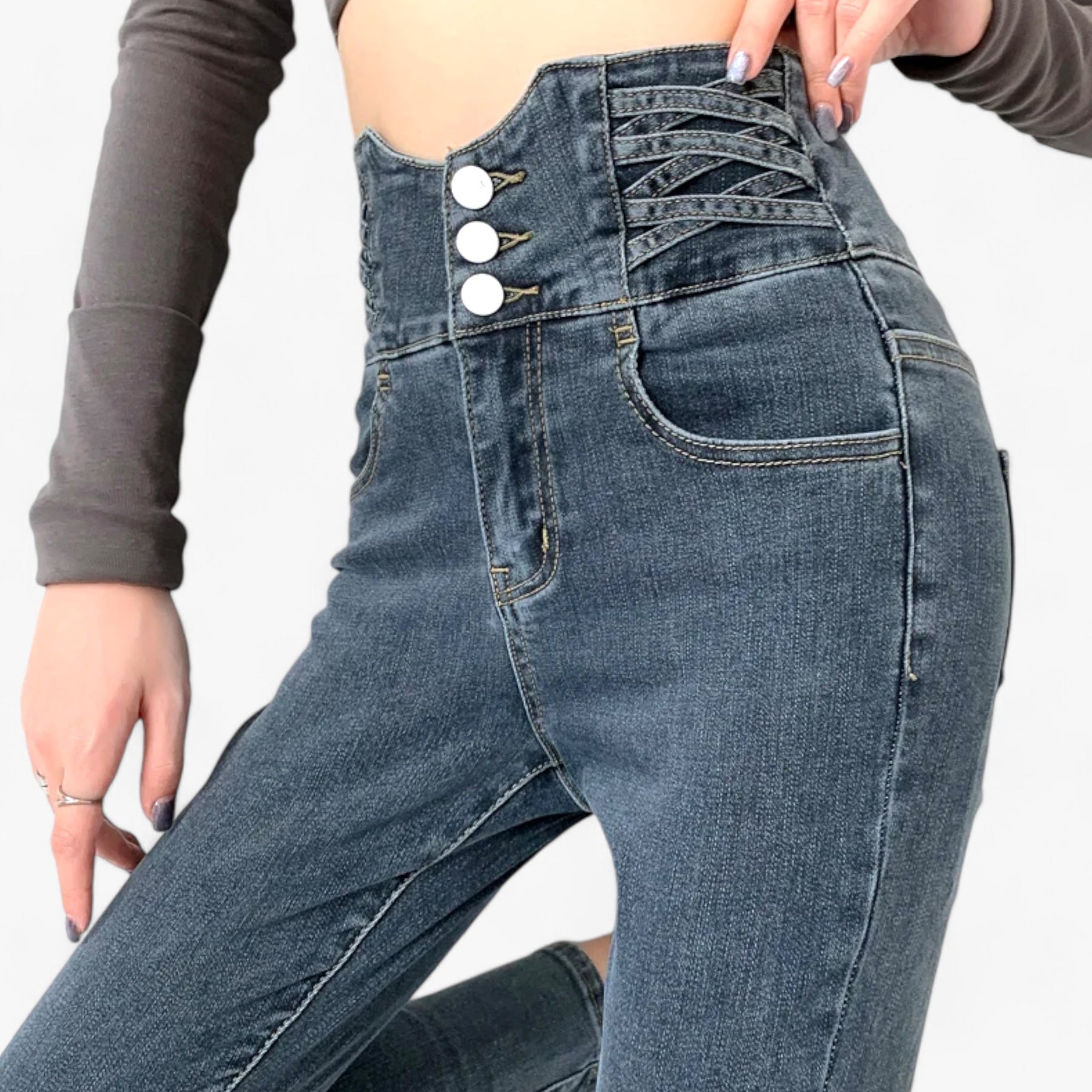 Jeans : Jeans Grijs 3 Knoppen - Skinny Koker - Slanke Stretch voor een Flatterende Pasvorm in van Pantino